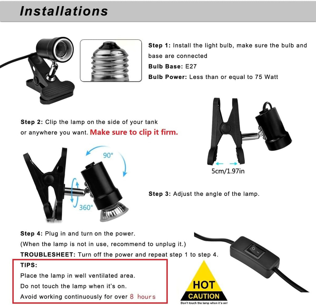 Turtle Heat Lamp + 2 Heating Bulbs (50W,35W), Reptile UVA UVB Basking Spot Lamp, Warming Light with Clamp for