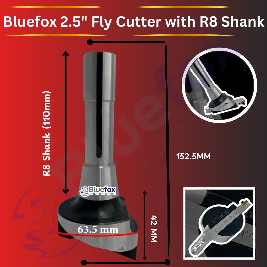Bluefox 2.5 Fly Cutter R8 Shank for Bridgeport Milling Machine Includes 1/2"x 1/2"x 4" Indexable Tool Bit 7/16 UNF Drawbar High-Precision Machining Tool for Smooth Surface Finishing & Material Removal