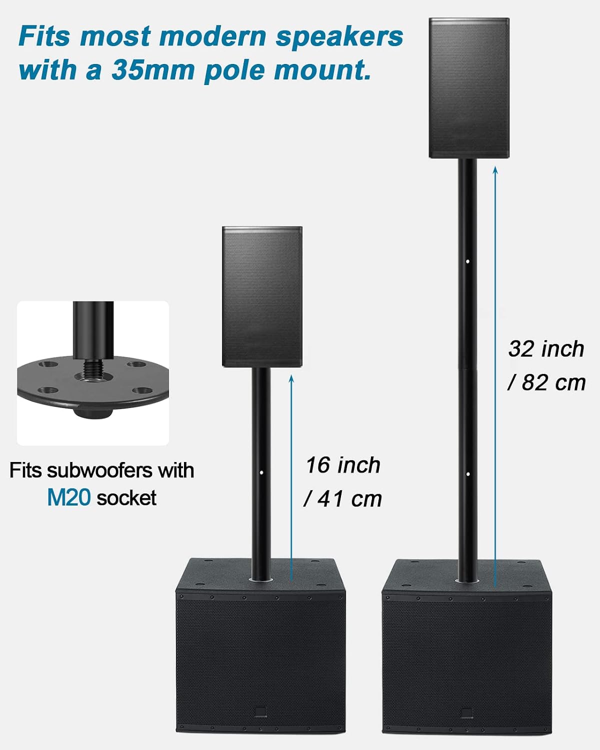16 inch M20 Subwoofer Pole 35mm Speaker Pole Mount Extension Pole | 2-Pack, Extendable by Connecting Two Poles, M20