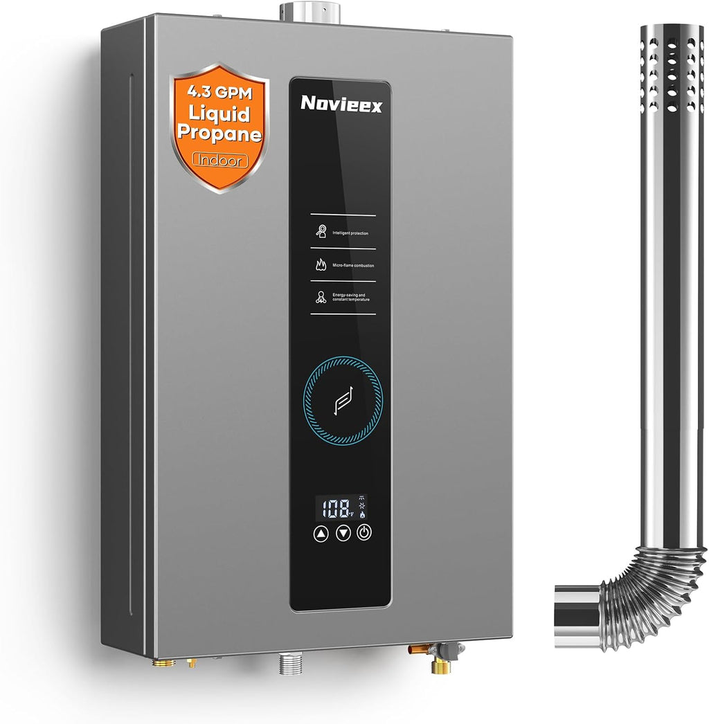 Tankless Water Heater, Novieex On Demand Water Heater Propane Gas, Up to 4.3 GPM, 100000 BTU Instant Hot Water Heater
