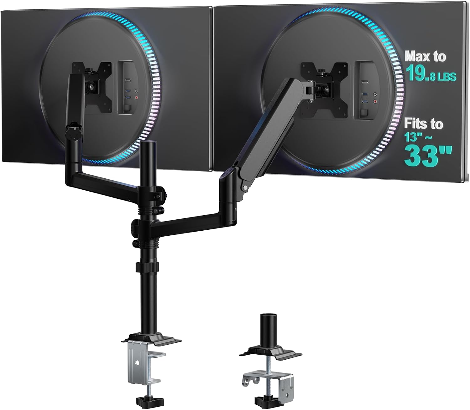 Tall Dual Monitor Desk Mount for 13-33 inch Screens, 19.8 lbs per Arm | Dual Monitor Arms for 2 Monitors, Full Motion