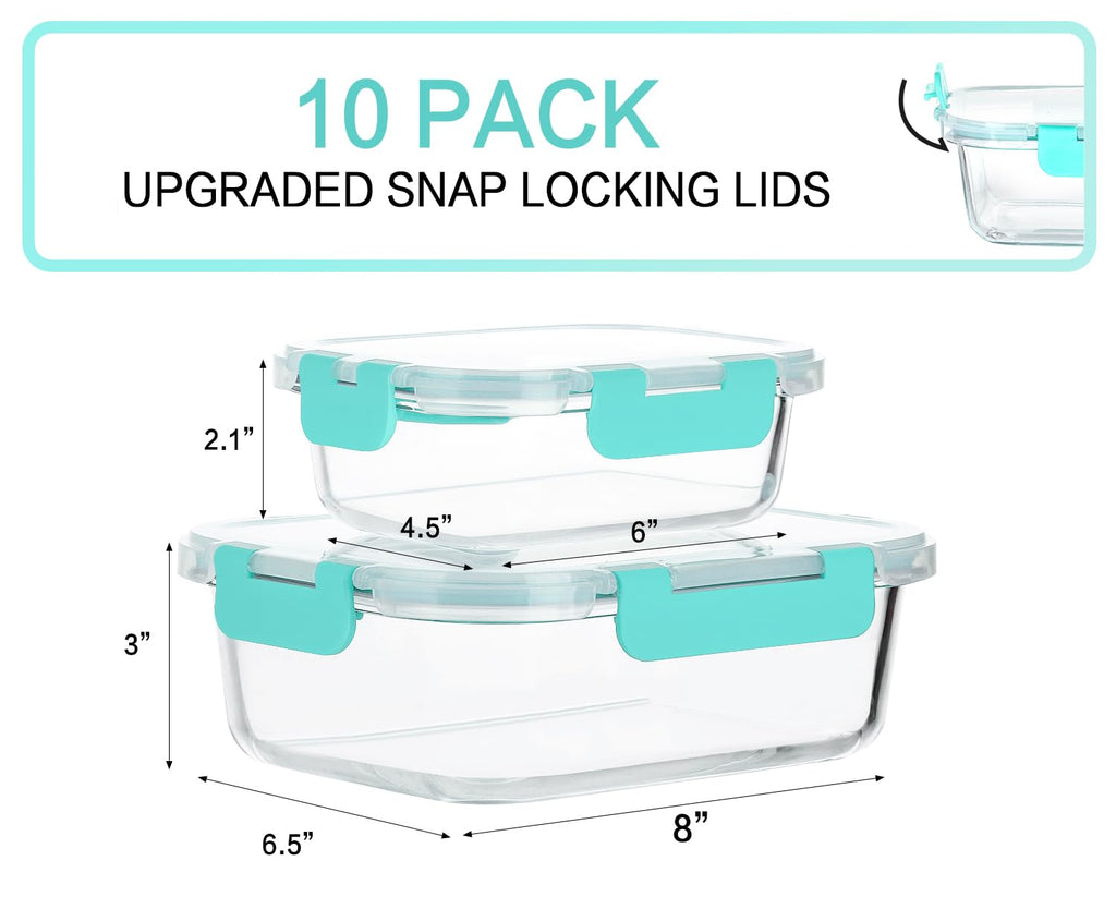 10 Pack Glass Food Storage Containers with Lids, Green