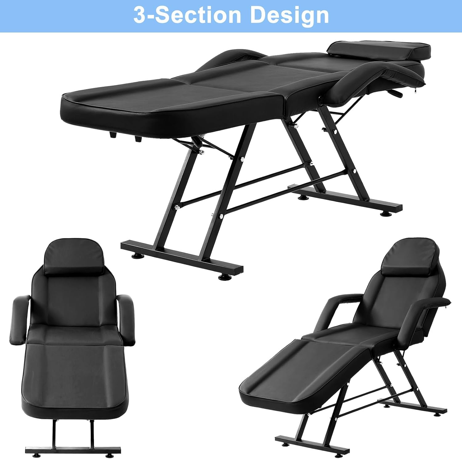 72" 3-Section Massage Table & Facial Chair, Black Spa Bed for Lash & Beauty Salon with Hydraulic Stool, Adjustable