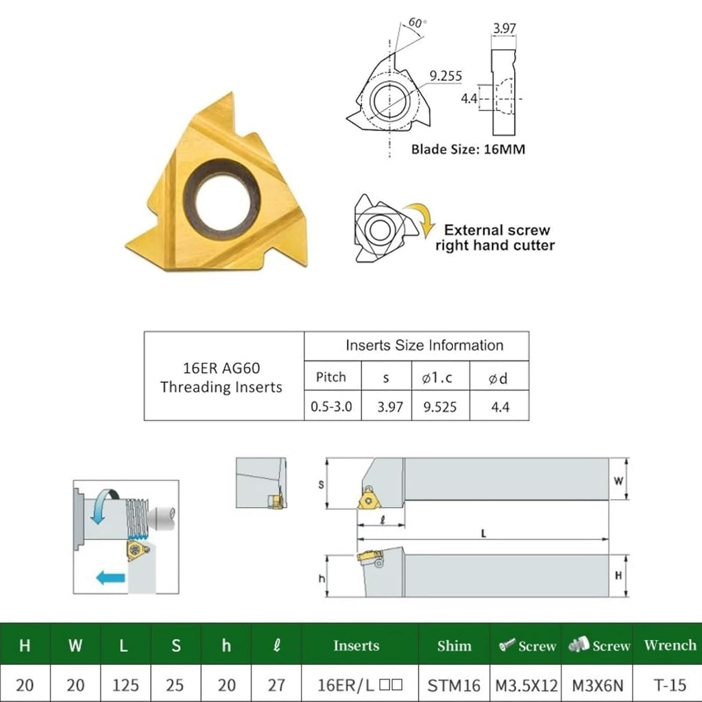Lathe Tool Threading Solution: SER2020K16 Turning Tool Holder with Indexable Lathe Tool Threading Insert 16ER AG60 for Efficient Lathe Thread Cutting (Alloy Spring Steel 60Si2Mn)
