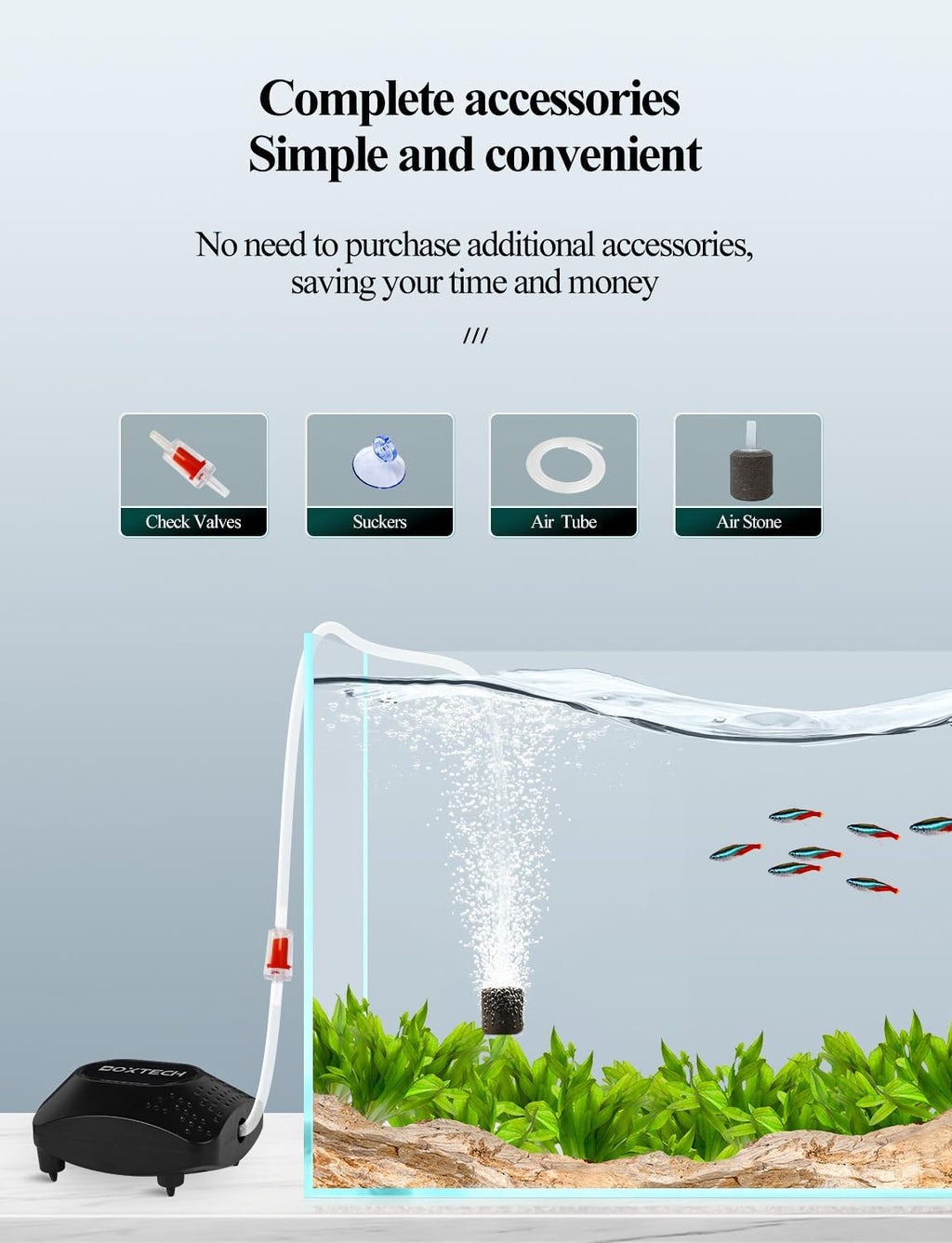 Aquarium Air Pump, Fish Tank Aerator with Accessories(20-100Gal) | Single Outlet, Delivers Stable Oxygen, Powerful