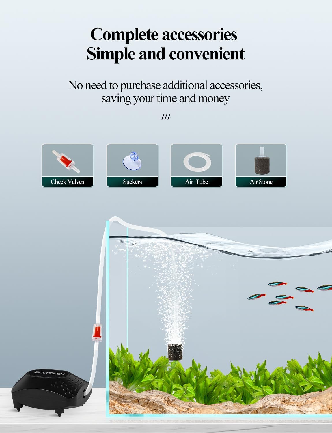 Aquarium Air Pump, Fish Tank Aerator with Accessories(20-100Gal) | Single Outlet, Delivers Stable Oxygen, Powerful