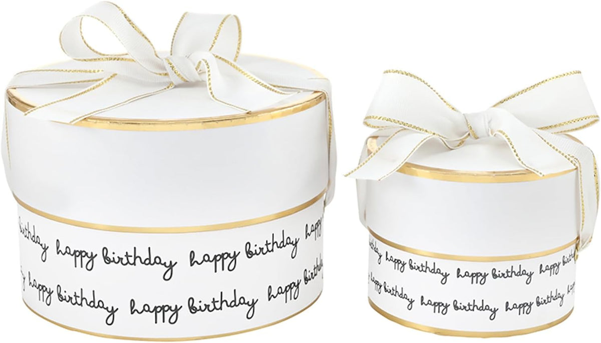 Gift Wrap Co. Nested Gift Box 2-Piece Set Round Designer Boxes with Lids, Large and Small, Happy Birthday