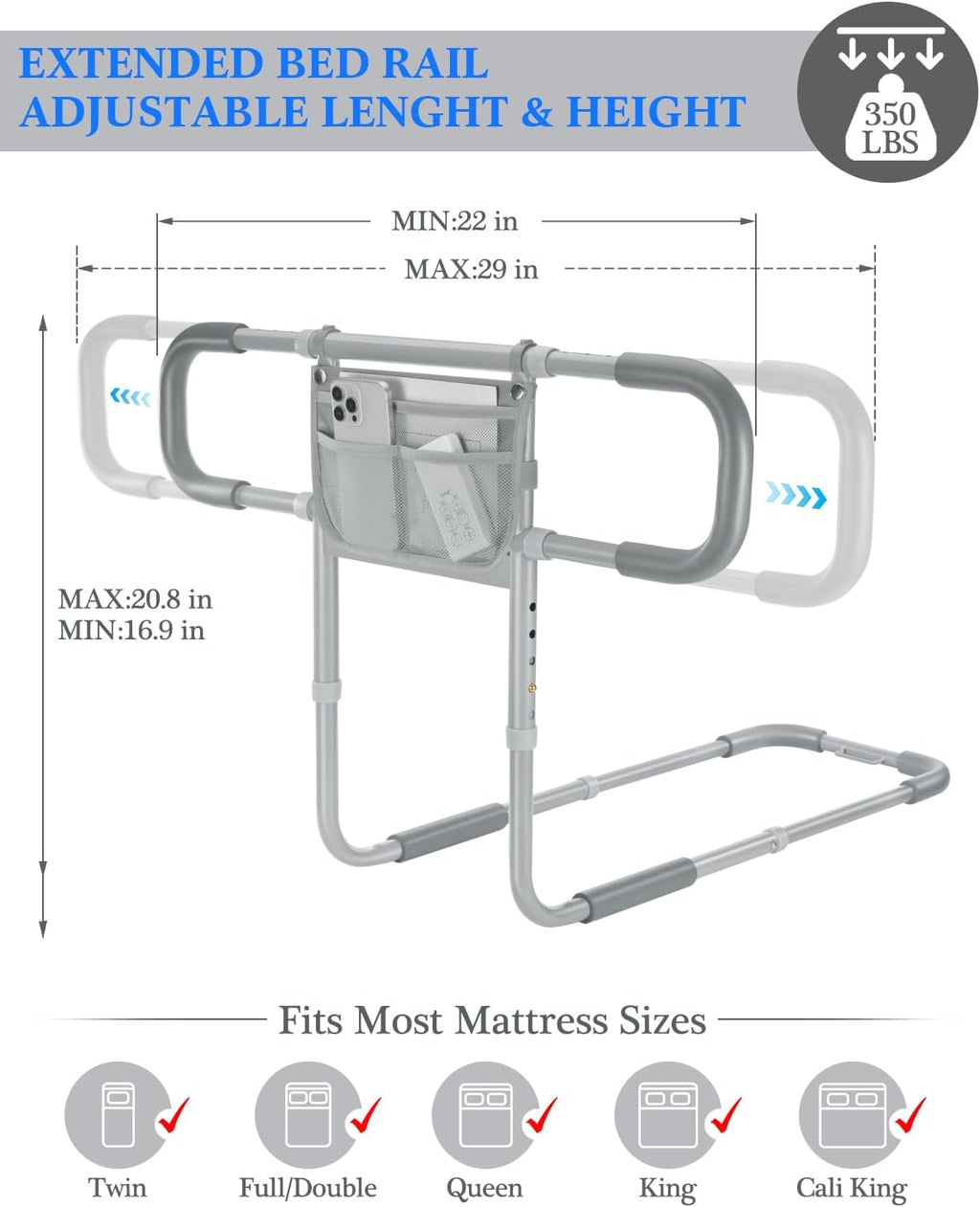 Bed Rails for Elderly Adults Safety, Extended Bed Assist Rail for Seniors - Adjustable Side Bed Guard Rails Handle