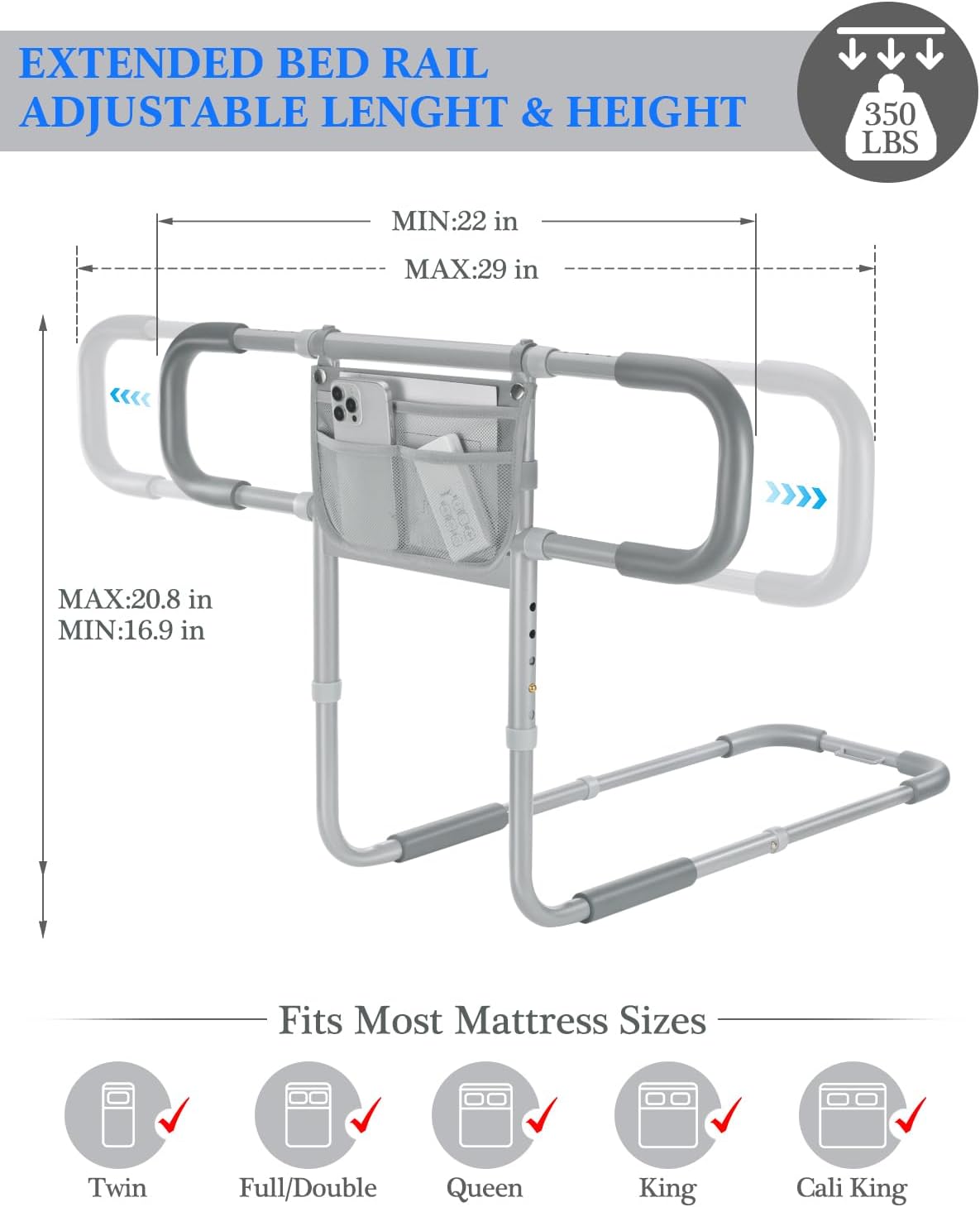 Bed Rails for Elderly Adults Safety, Extended Bed Assist Rail for Seniors - Adjustable Side Bed Guard Rails Handle