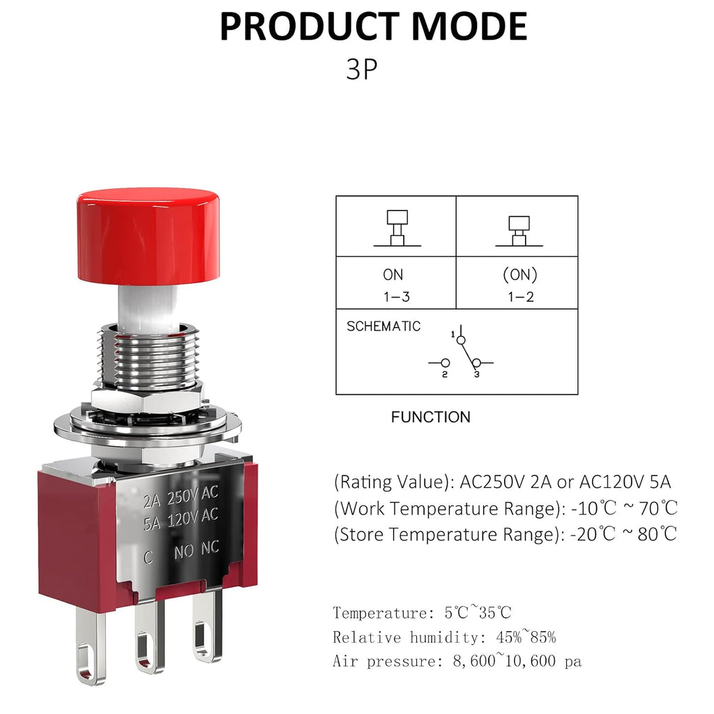 AC 2A/250V 5A/120V 3 Pin Momentary Push Button Switch NO NC with Red Cap 5Pcs
