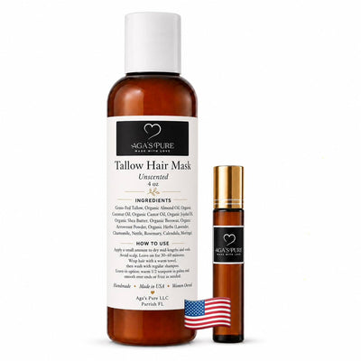 Aga's Pure Tallow Hair Mask, Unscented, 4 oz, with Grass-Fed Tallow and Organic Herbs + 10 ml Herbal Scalp Oil