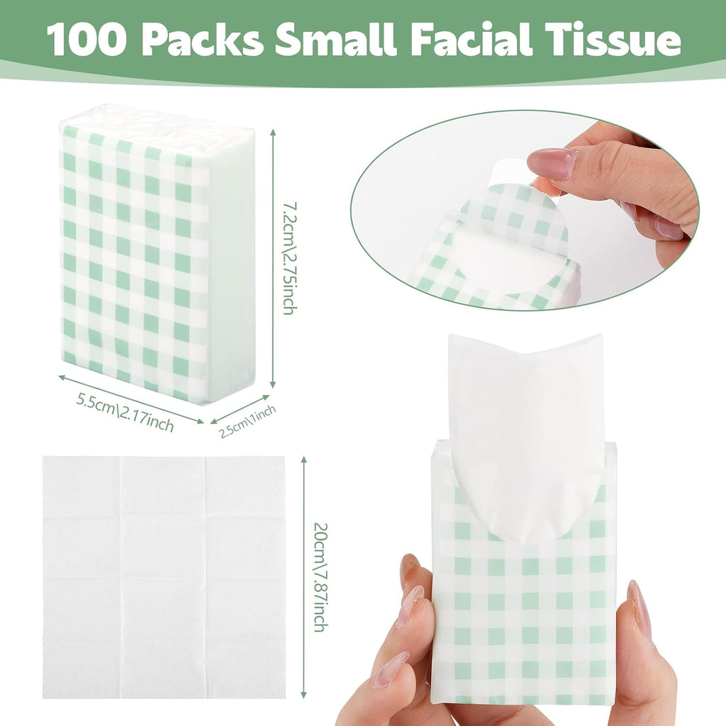 100 Pack Pocket Tissues, 3 Ply Sage Green Gingham Travel Tissues