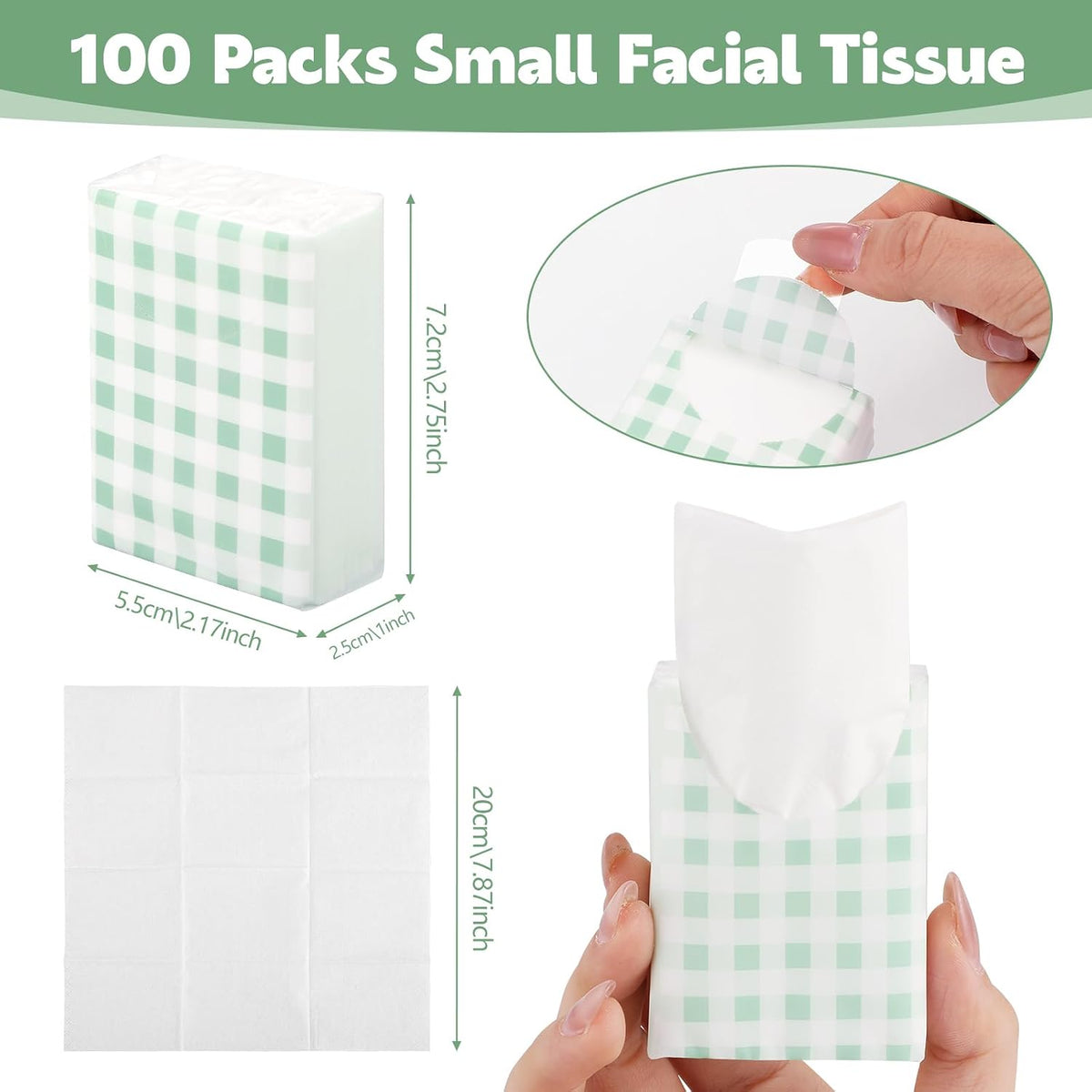 100 Pack Pocket Tissues, 3 Ply Sage Green Gingham Travel Tissues