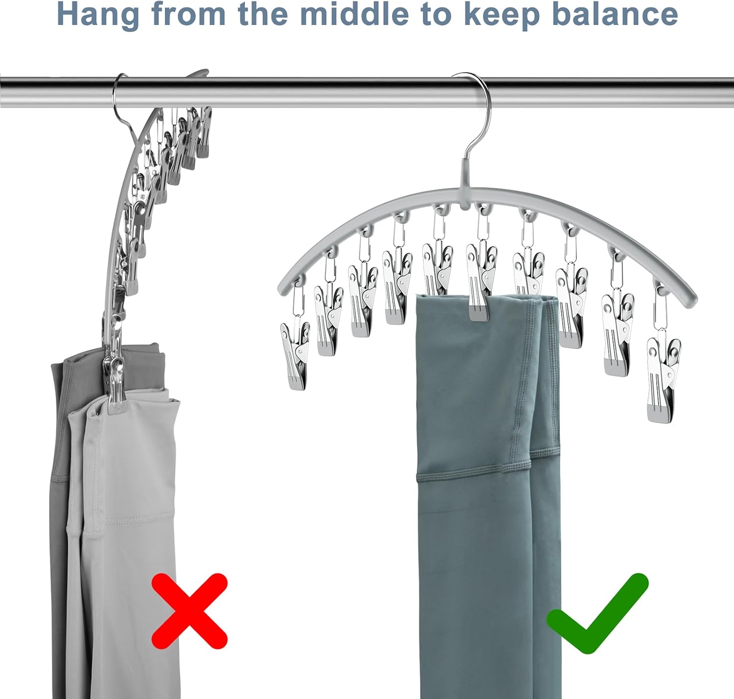 Legging Organizer for Closet, Metal Yoga Pants Hanger w/Rubber Coated 2 Pack w/10 Clips Hold 20 Leggings, Hangers