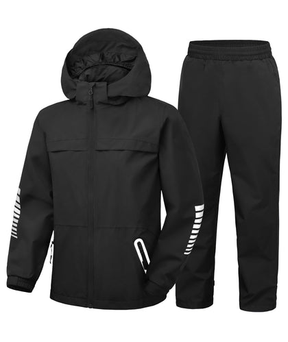 Boys Rain Jacket & Pants Kids Rain Suit Black 10-12 Years