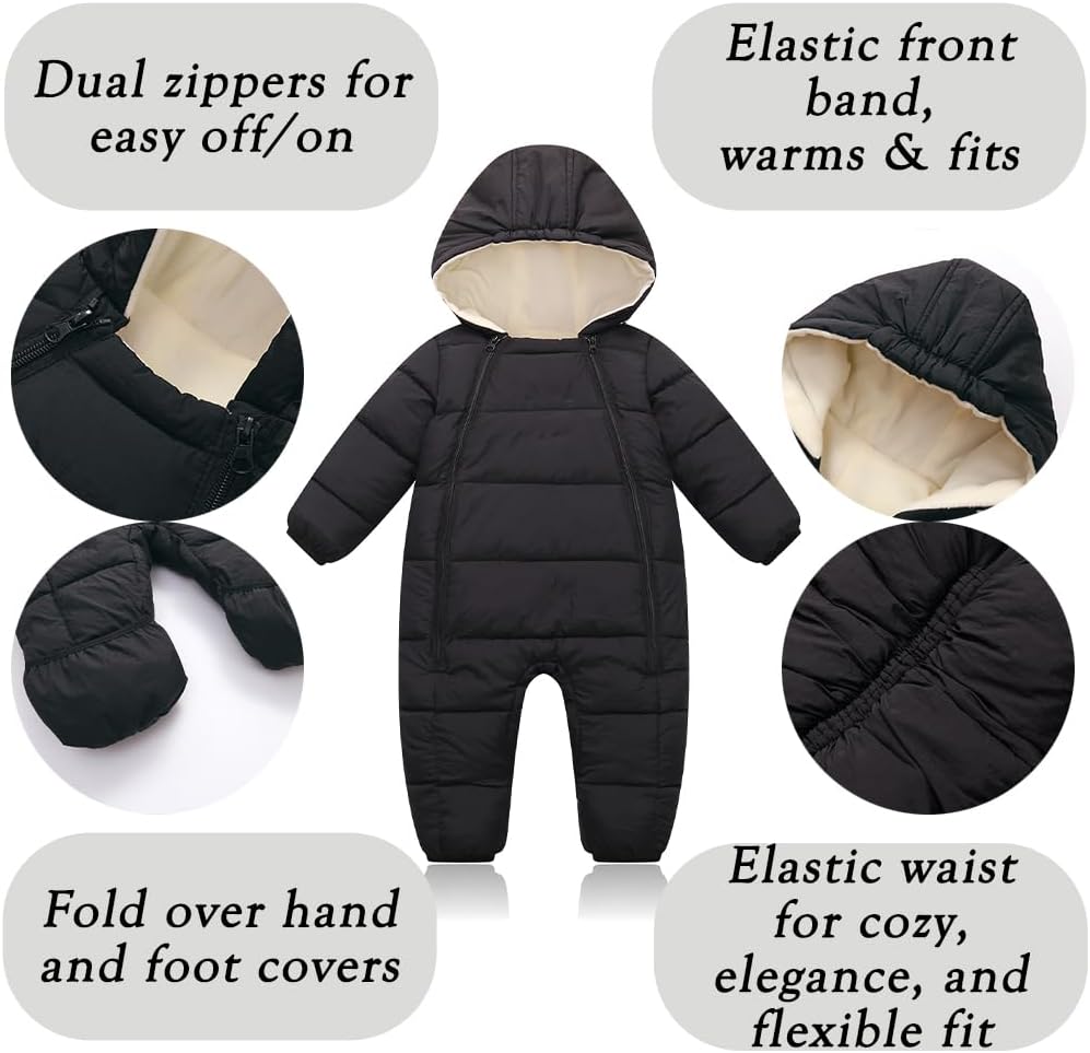 Infant Toddler Snowsuit Cute Newborn Winter Coat Warm Hooded Jumpsuit for Boys Girls 0-24 Months