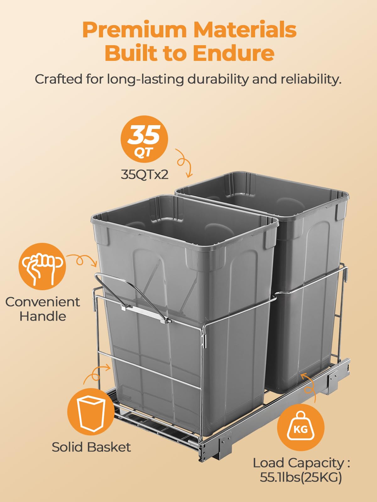 Pull Out Trash Can Under Cabinet, 35 QT Double Under Sink Trash Can Waste Container with with Chrome Wire Bottom