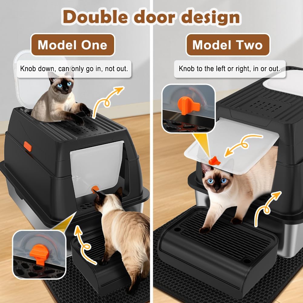 Stainless Steel Litter Box with Lid, XL Front Entry Enclosed Extra Large Litter Box for Big Cats & Kitty, Top Exit