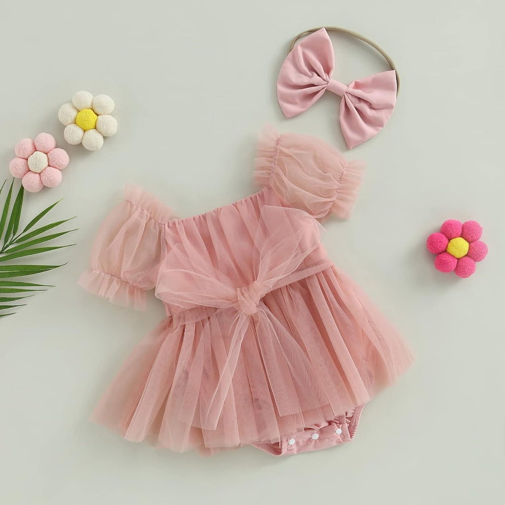 Baby Girl Tulle Dress Romper Sleeveless Onesie Knot Front Pleated Bodysuit Newborn Mesh Princess Outfits