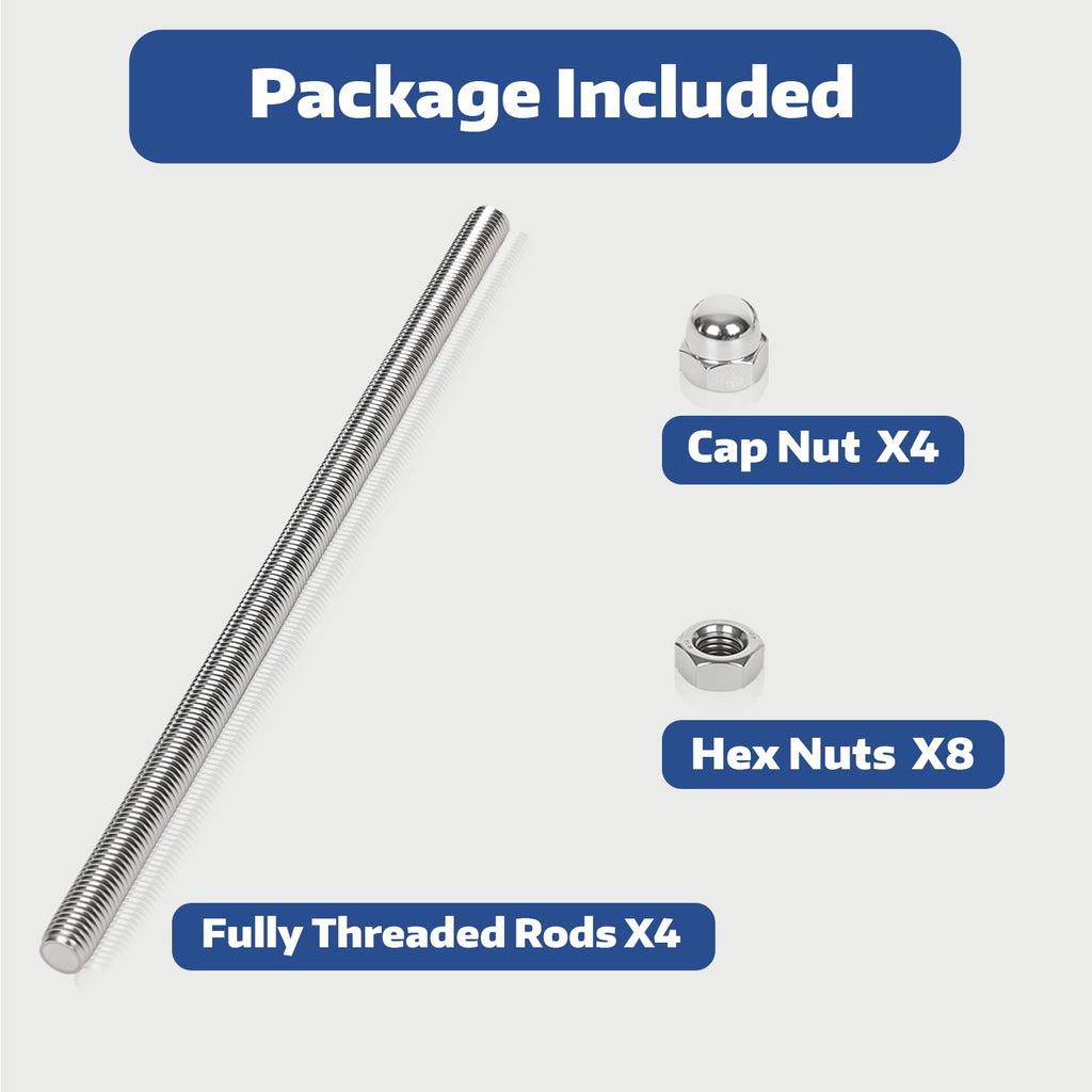 4 Pcs 304 Stainless Steel M8 Threaded Rod,12"(305mm)
