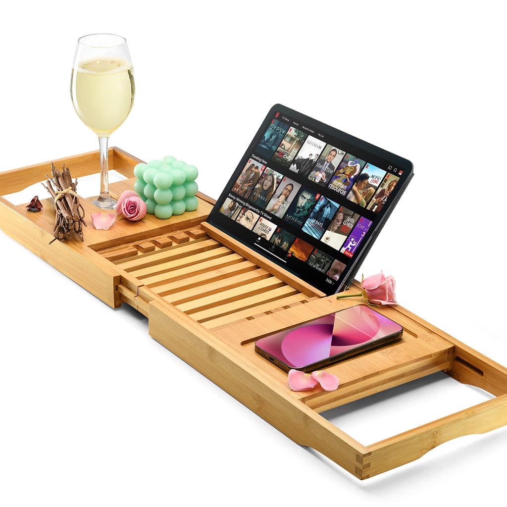 Luxury Premium Bathtub Tray Caddy - Foldable, Expandable, Fits Most Tubs