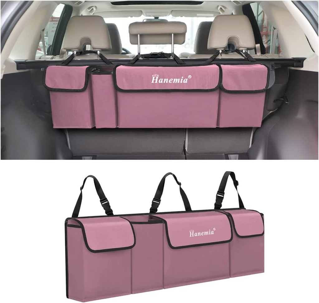 Car Trunk Organizer, Backseat Hanging Storage with 4 Large Pockets, Collapsible Cargo Bag with Adjustable Straps