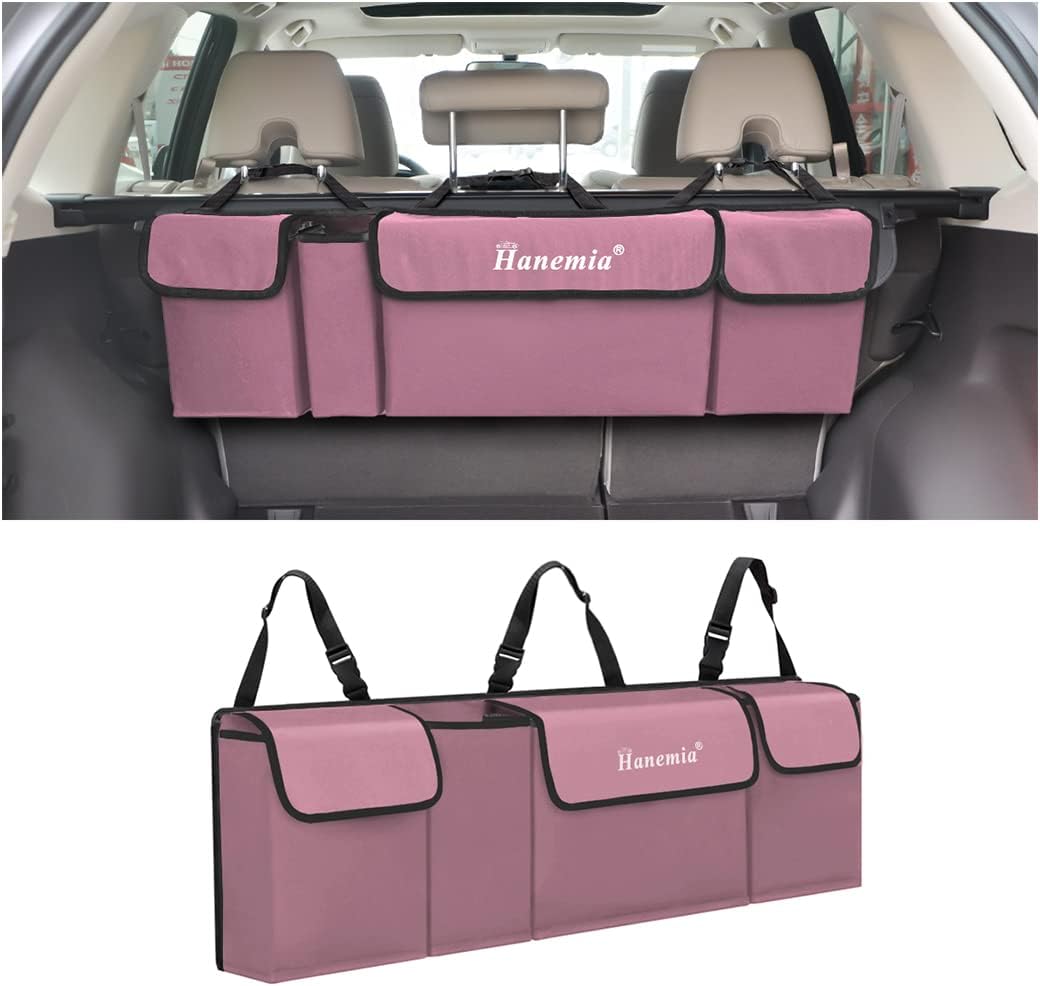 Car Trunk Organizer, Backseat Hanging Storage with 4 Large Pockets, Collapsible Cargo Bag with Adjustable Straps