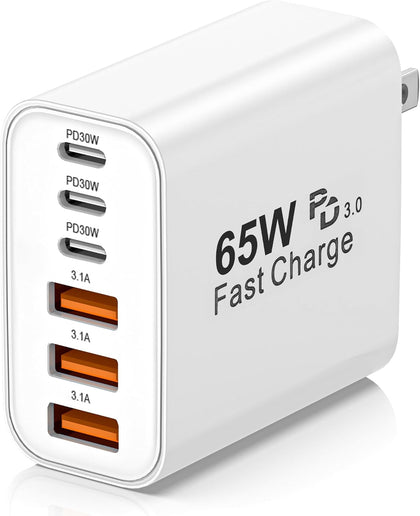 USB C Charger Block,65W 6-Port USBC Charging Block,Wall Charger iPhone Charger Fast Charging,Multiport Type C PD+QC