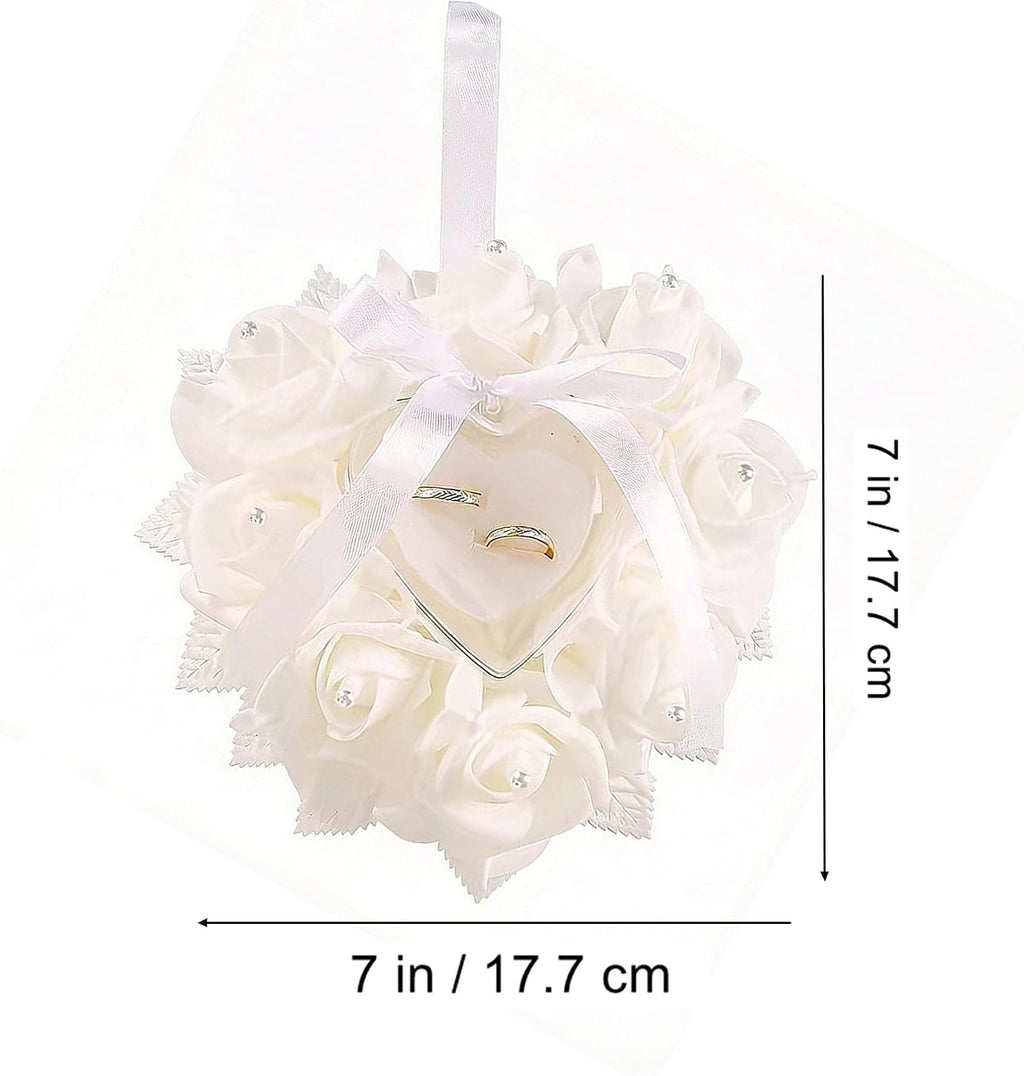 Wedding Ring Pillow White Rose Ring Bearer Pillow with Heart Ring Holder, Satin Ribbon & Pearl Foam Flowers for
