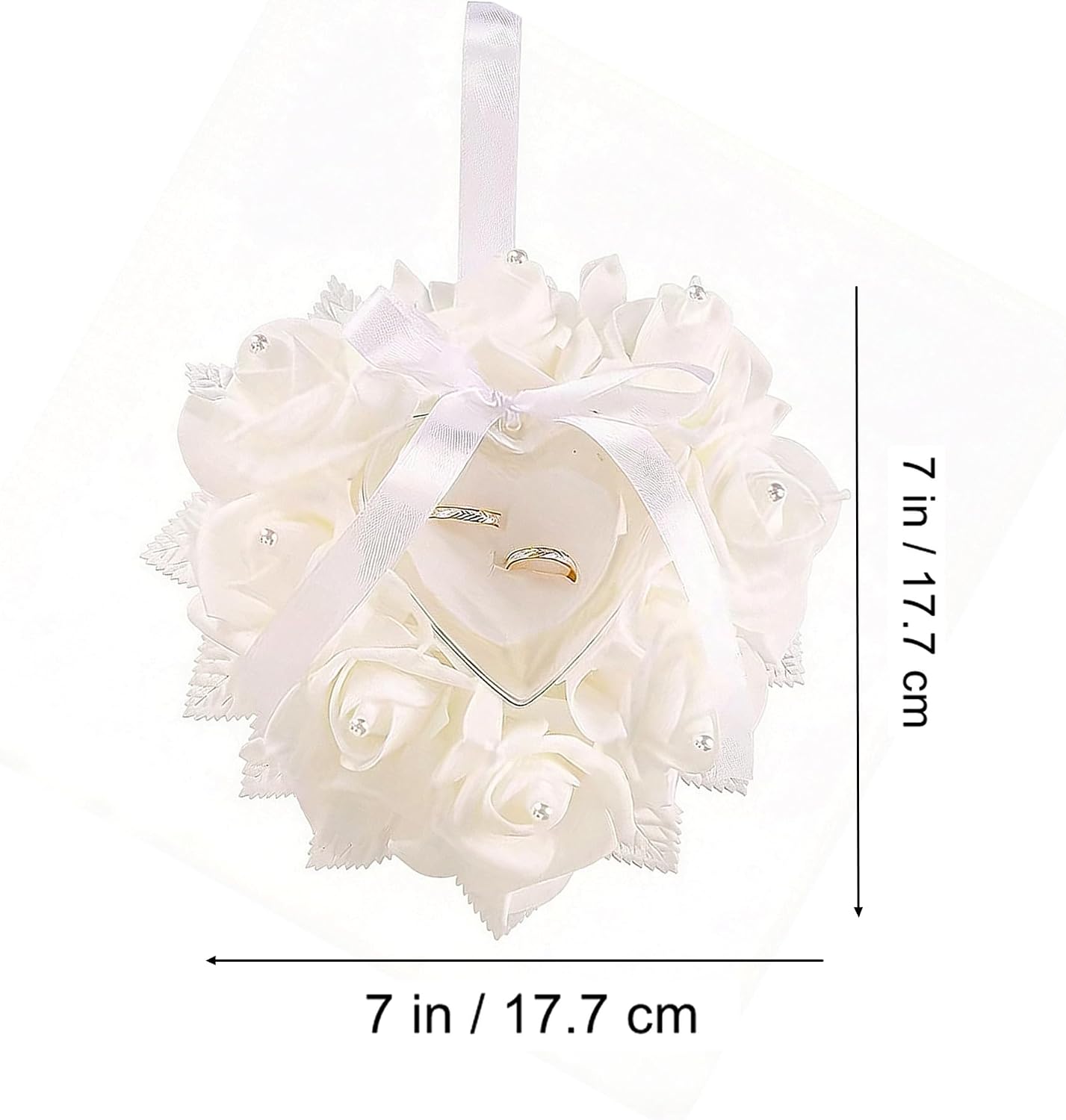 Wedding Ring Pillow White Rose Ring Bearer Pillow with Heart Ring Holder, Satin Ribbon & Pearl Foam Flowers for