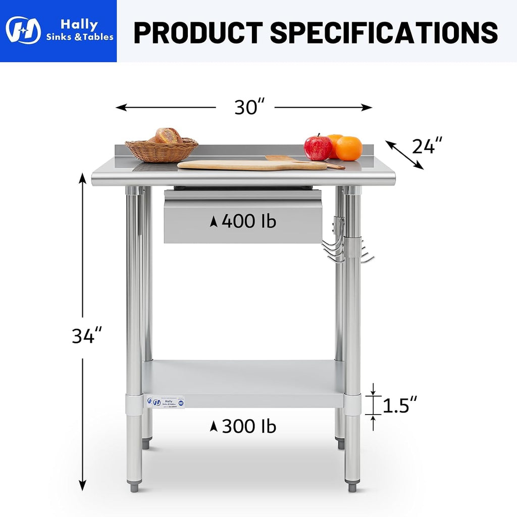 Hally 24"x30" Stainless Steel Prep Table Commercial Work Table Backsplash