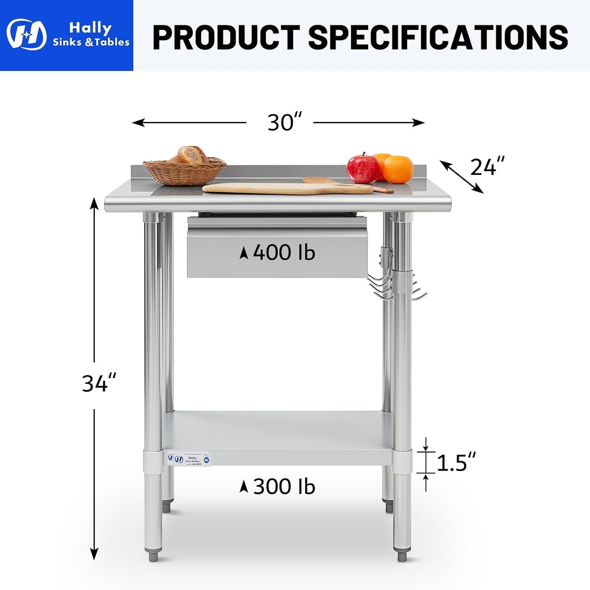 Hally 24"x30" Stainless Steel Prep Table Commercial Work Table Backsplash