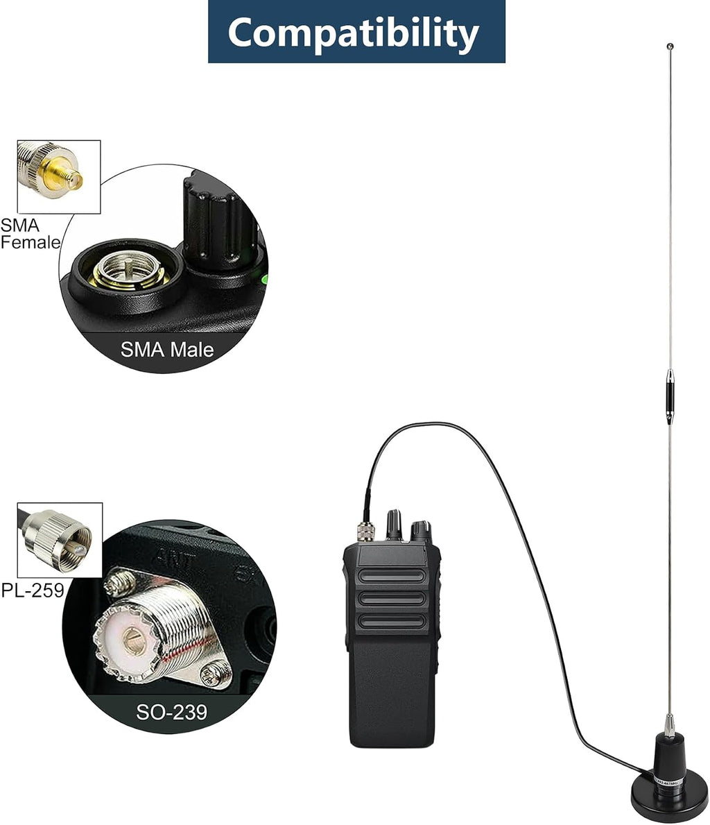 GMRS NMO Antenna 462-467Mhz UHF Mobile Whip Antenna with Magnetic Base 13ft RG58 Cable PL-259 SMA Female Connector