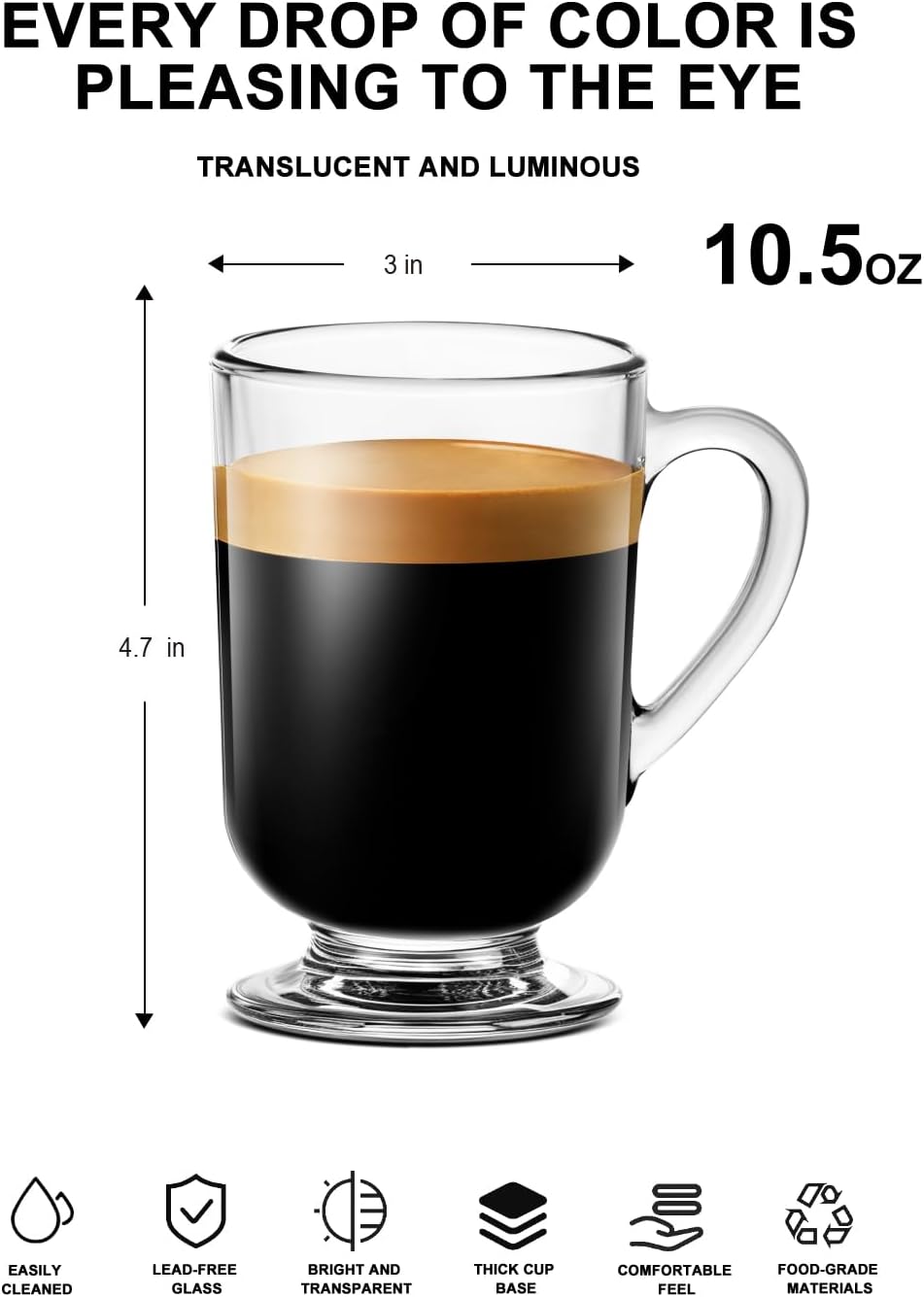 Irish Glass Coffee Mugs,10.5 oz Ice coffee cups,4pc Clear Tea Cups