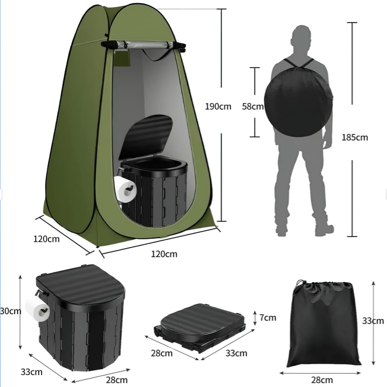 Portable Pop Up Privacy Tent with Camping Toilet, Outdoor Shower Shelter with Storage Bag, Ropes and Stakes