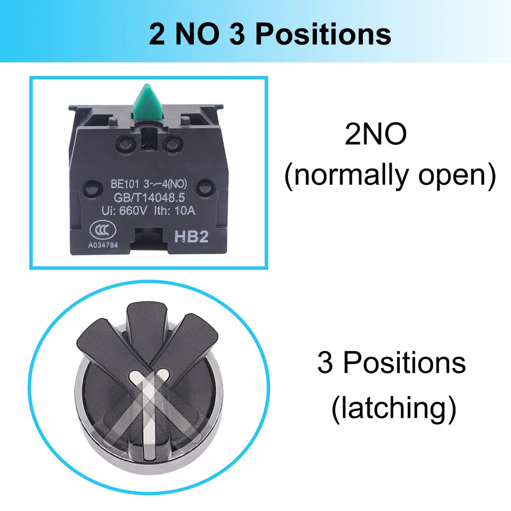 TWTADE 2 Pack 22mm 3 Position Maintained Selector Switch, 2NO 10A 440V Latching Rotary Switch, Metal Head Industrial Control Push Button Switch for Machine Control Panel HB2-BD33