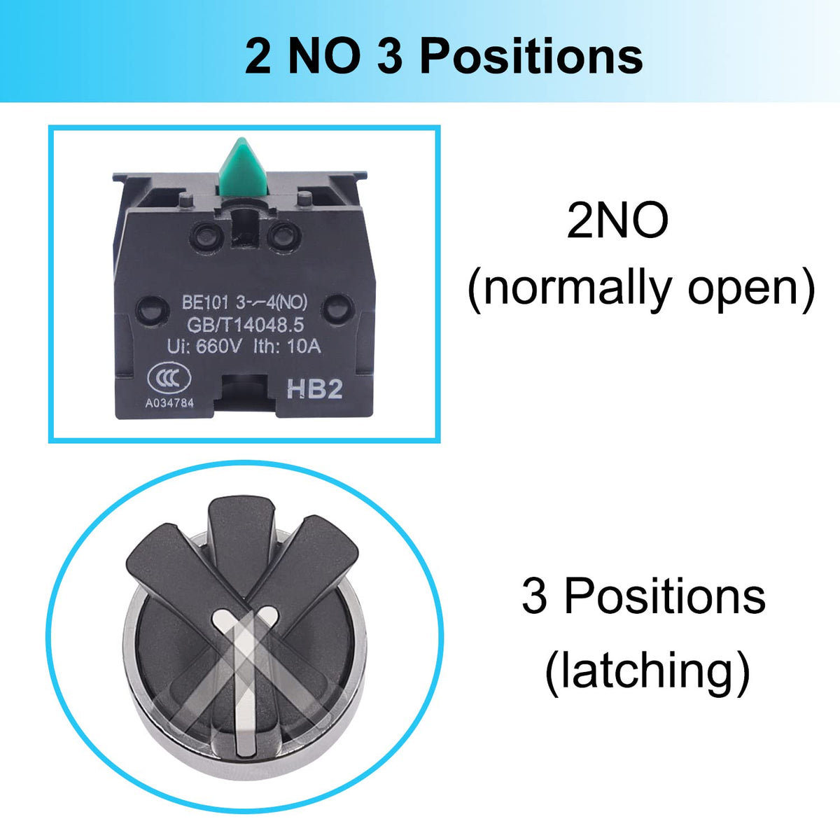 TWTADE 2 Pack 22mm 3 Position Maintained Selector Switch, 2NO 10A 440V Latching Rotary Switch, Metal Head Industrial Control Push Button Switch for Machine Control Panel HB2-BD33