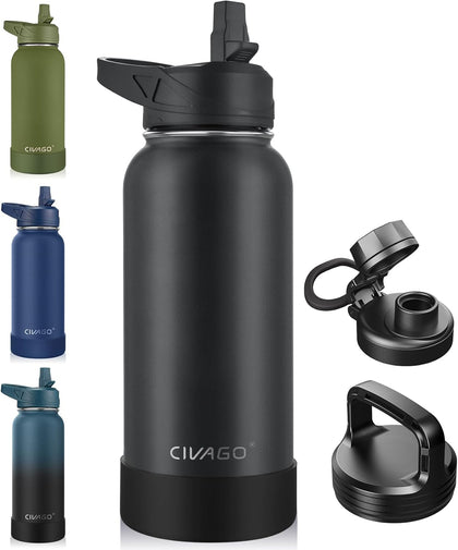 32 oz Insulated Stainless Steel Water Bottle With Straw and 3 Lids | Large Metal Sports Water Jug, Leakproof Reusable