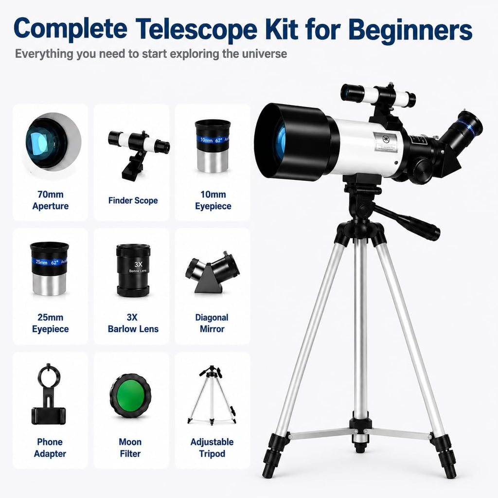 70mm 300mm Refractor Telescope, 3X Barlow, Phone Adapter | Finder Scope, Moon Filter, Adjustable Aluminum Tripod