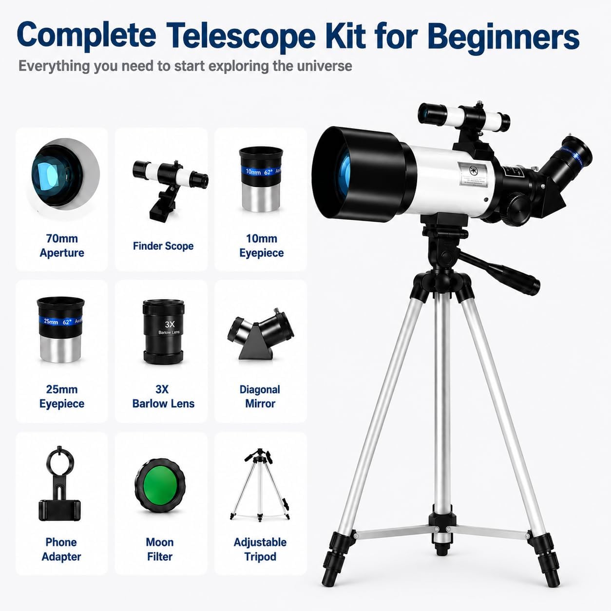 70mm 300mm Refractor Telescope, 3X Barlow, Phone Adapter | Finder Scope, Moon Filter, Adjustable Aluminum Tripod