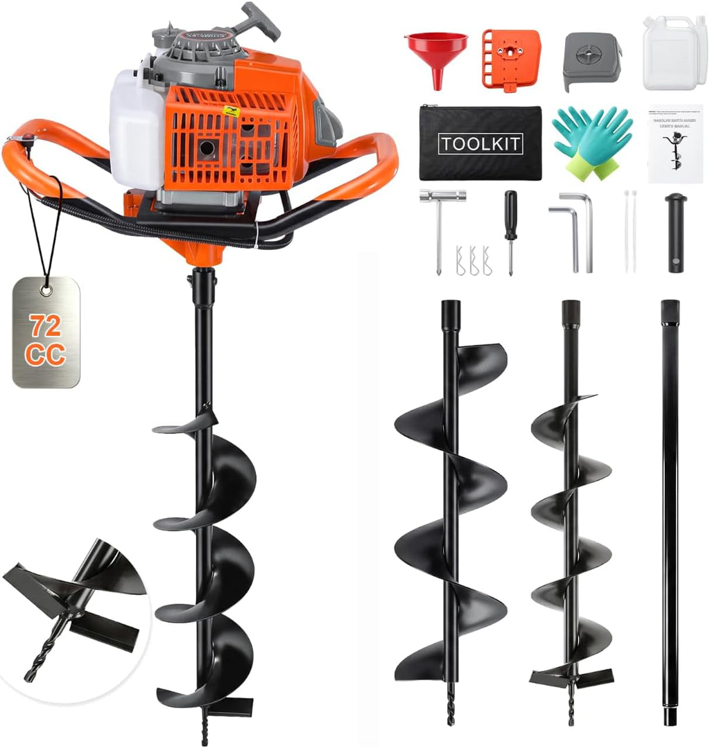 72CC 2 Stroke Earth Auger Post Hole Digger Gas Powered with 6"/8" Bit & Ext | 62" Max Digging Depth | 2 Auger Drill