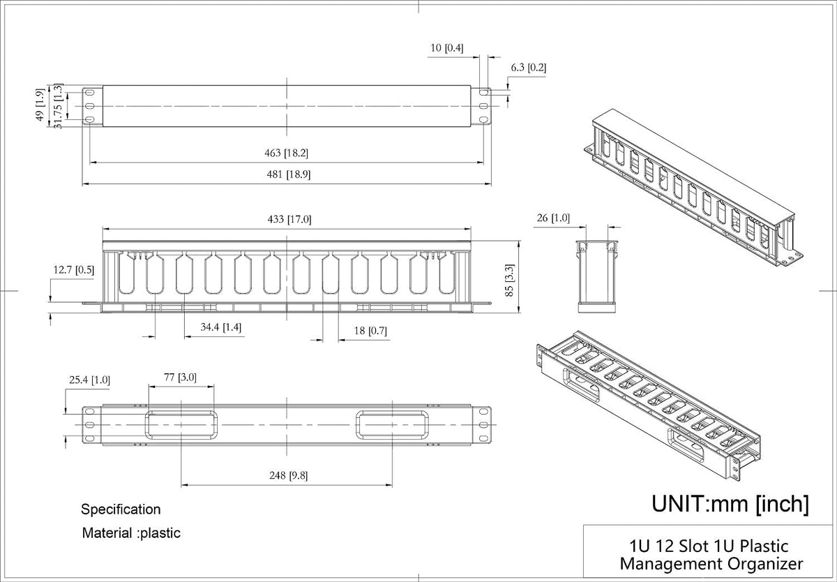 2 Pack 1U 19 inches Plastic Cable Manager with Cover 12 Slots