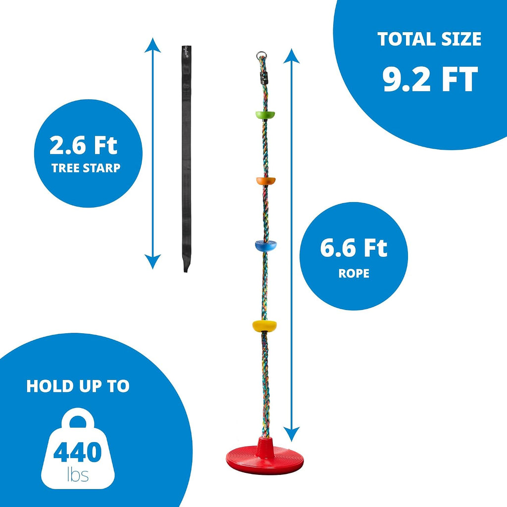 Tree Swing for Kids - Single Disc Seat and Rainbow Climbing Rope Set w/Carabiner and 4 Foot Strap - Treehouse and