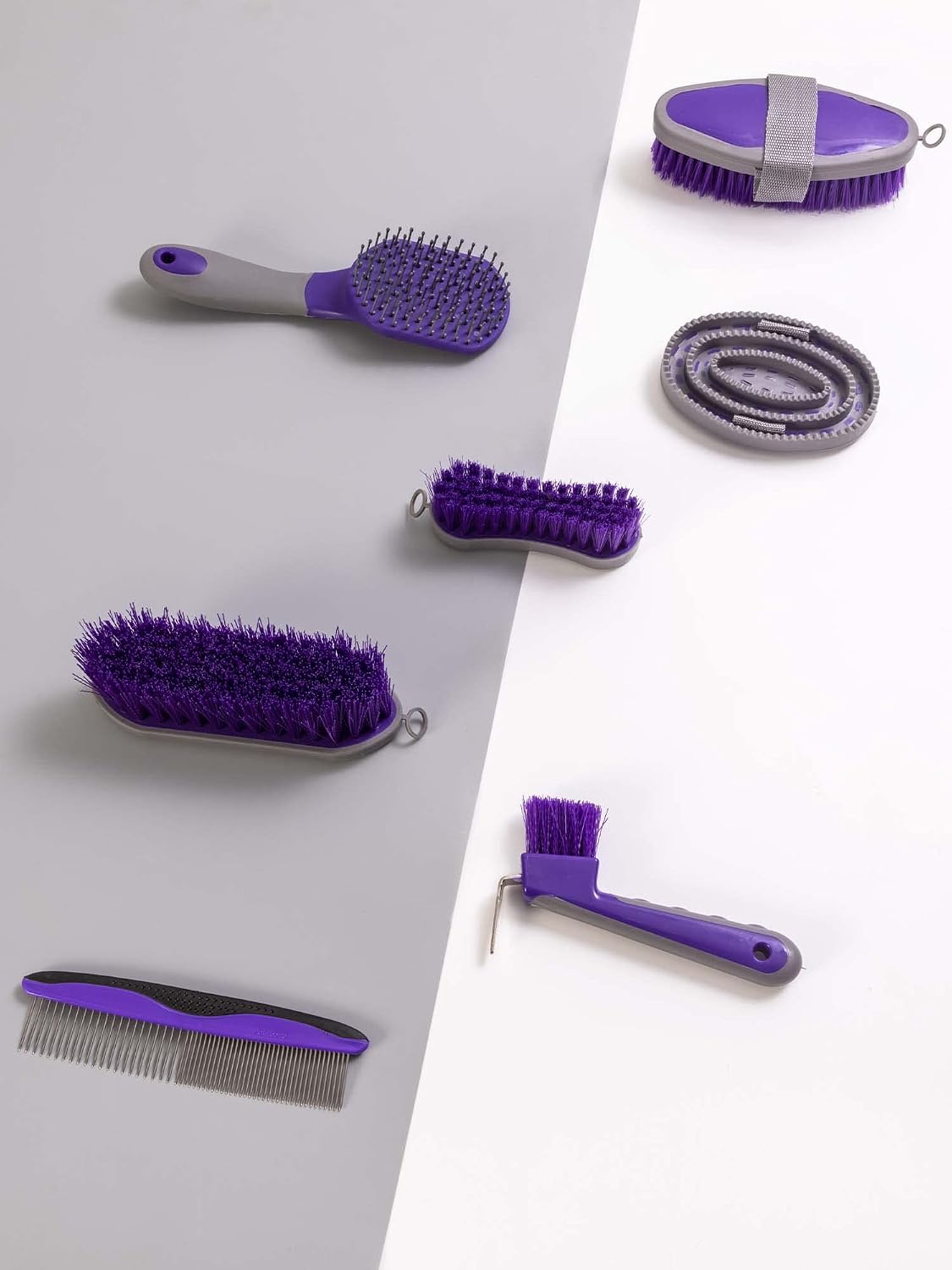 Horse Grooming Kit (12-Piece): Brushes, Storage Bag, Sweat Scraper, Mane Comb, Grooming Gloves - Purple Horse Gifts