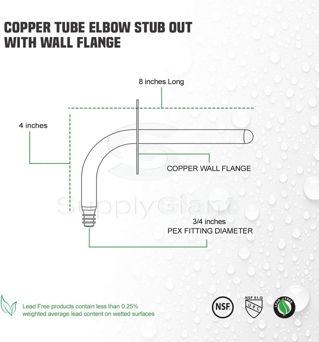 Supply Giant QTP-34G8 PEX Copper Stub Out Elbow with Wall Flange, 3/4", Brass