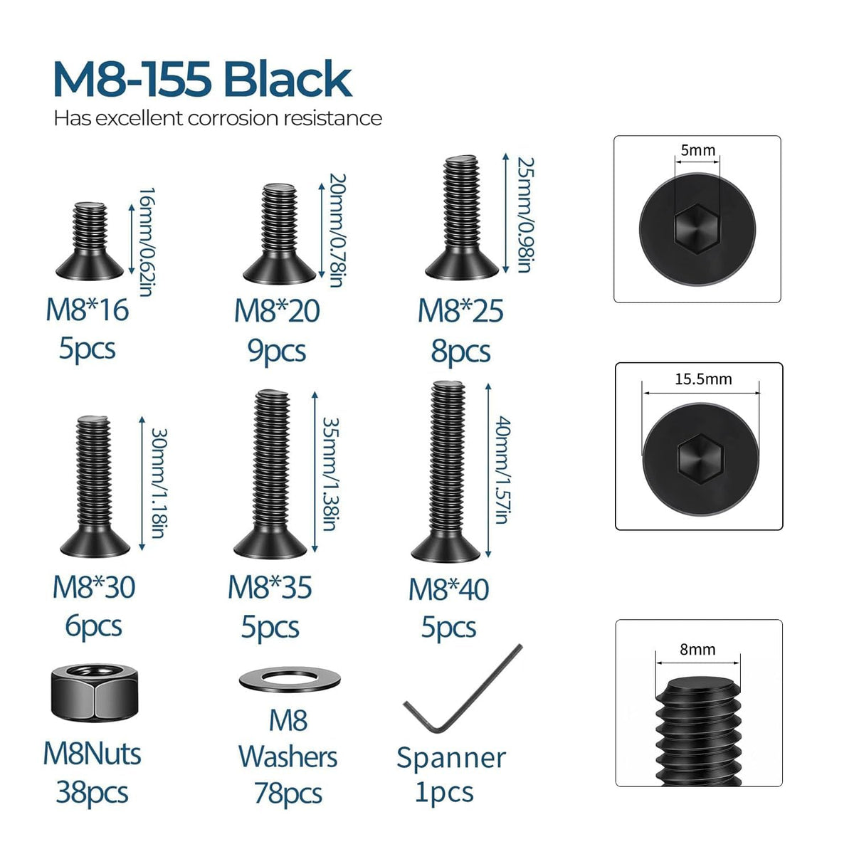 155 PCS M8 Countersunk Screws Kit, M8 Flat Head Machine Screws Assortment