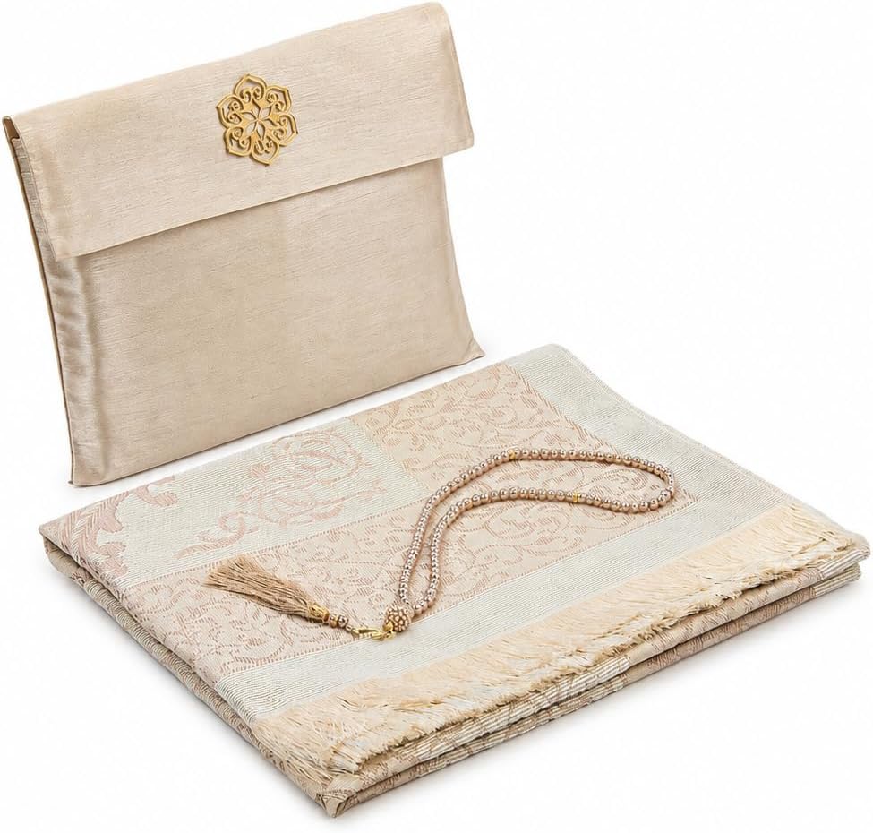 Muslim Prayer Rug with 99 Beads Tasbih & Travel Bag, Soft Taffeta Sajadah, Lightweight & Foldable Janamaz, Portable