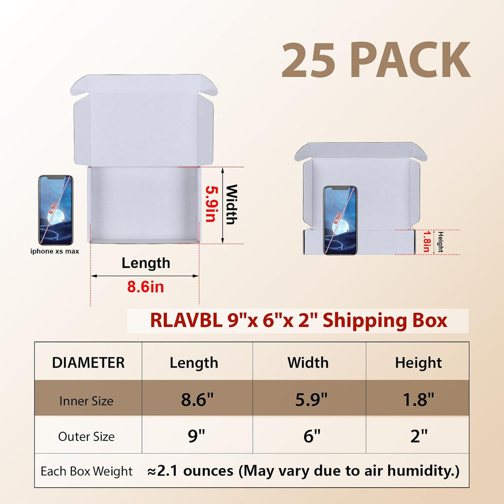 9x6x2 Shipping Boxes Set of 25, White Corrugated Cardboard Box for Packing, Mailing, Business