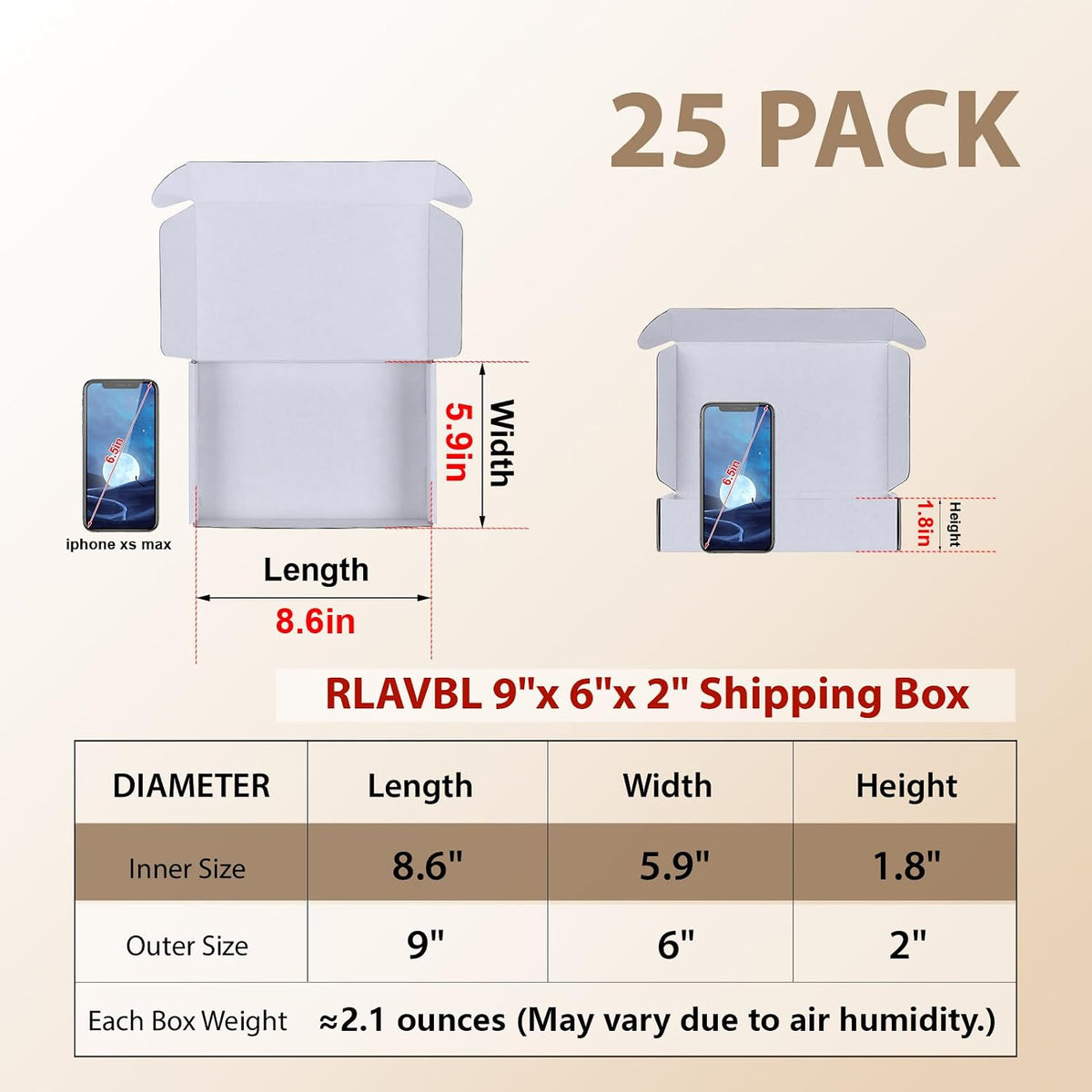 9x6x2 Shipping Boxes Set of 25, White Corrugated Cardboard Box for Packing, Mailing, Business