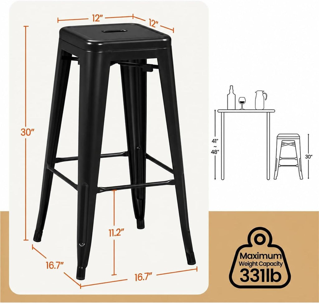 30 Inch Metal Bar Stools Set of 4, Stackable Barstools, Black